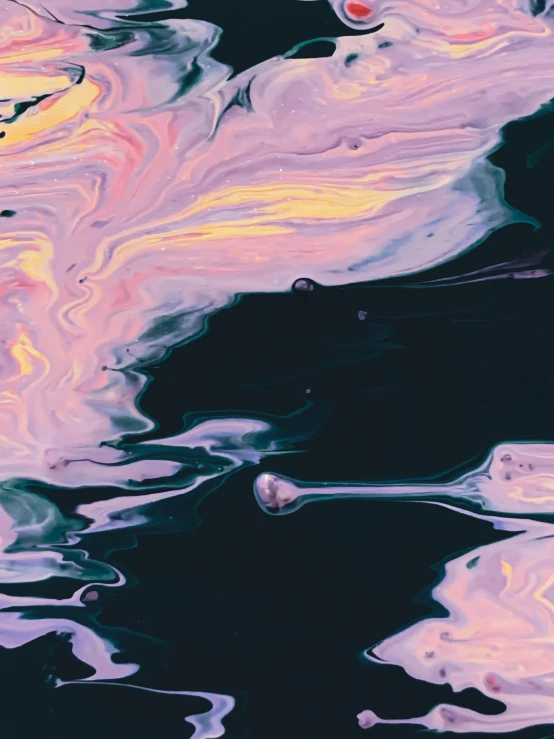 a close up of a painting of a body of water, trending on pexels, floating in perfume, just take a pinch of psychedelic, dark pastel color scheme, looking left