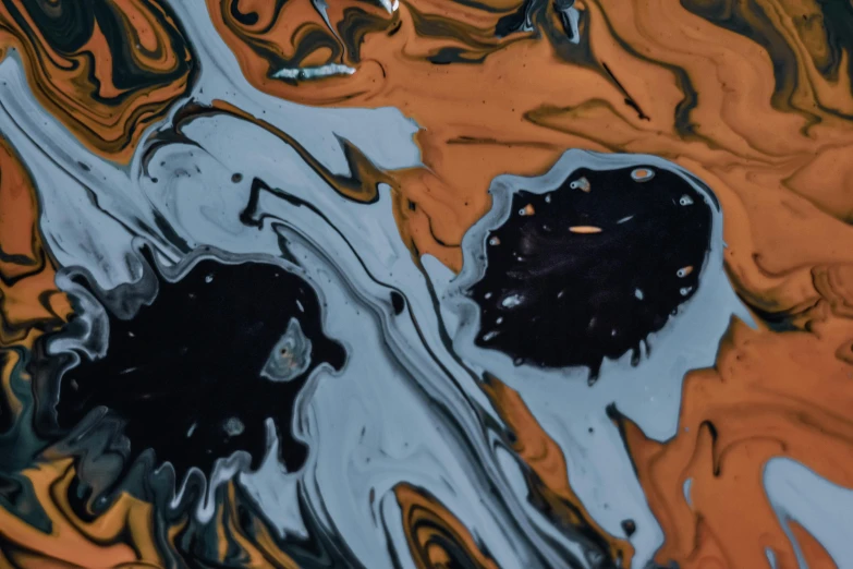 a reflection of a dog's face in a puddle of water, an abstract drawing, inspired by Shōzō Shimamoto, trending on pexels, abstract expressionism, black and orange, made of liquid metal and marble, dark chocolate painting, marbled