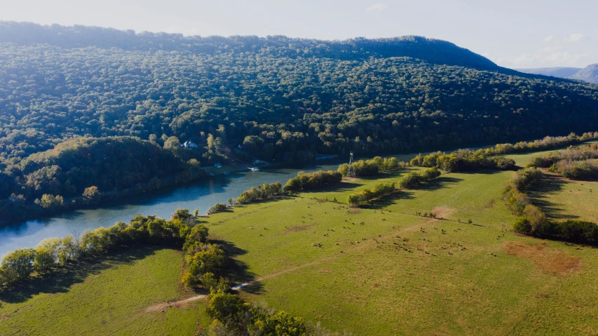 a river running through a lush green valley, red river, fan favorite, lush farm lands, sydney park