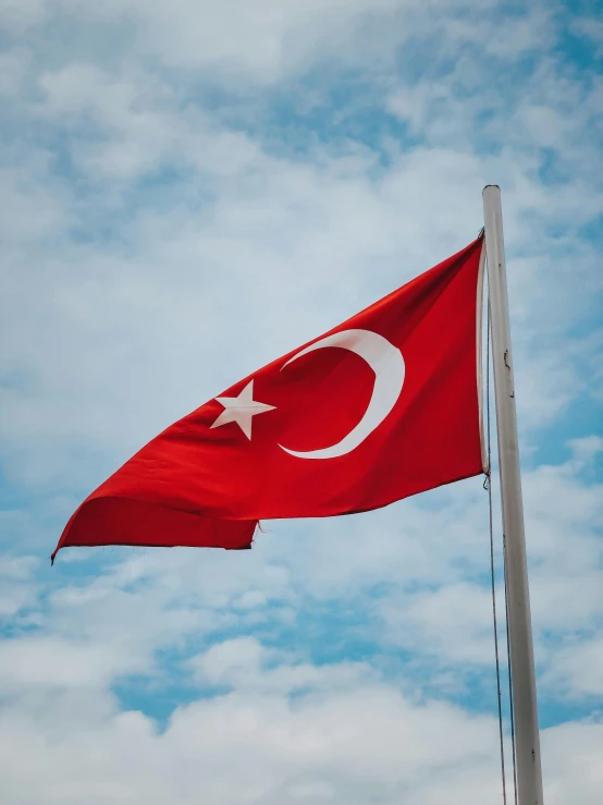 a turkish flag flying high in the sky, by Daniel Lieske, pexels contest winner, hurufiyya, thumbnail, background image, silver, 🚿🗝📝