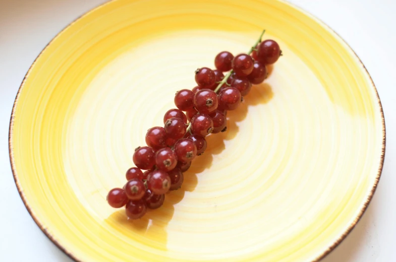 a yellow plate with a bunch of red grapes on it, pexels, hurufiyya, vanilla, aged 13, relish, 王琛