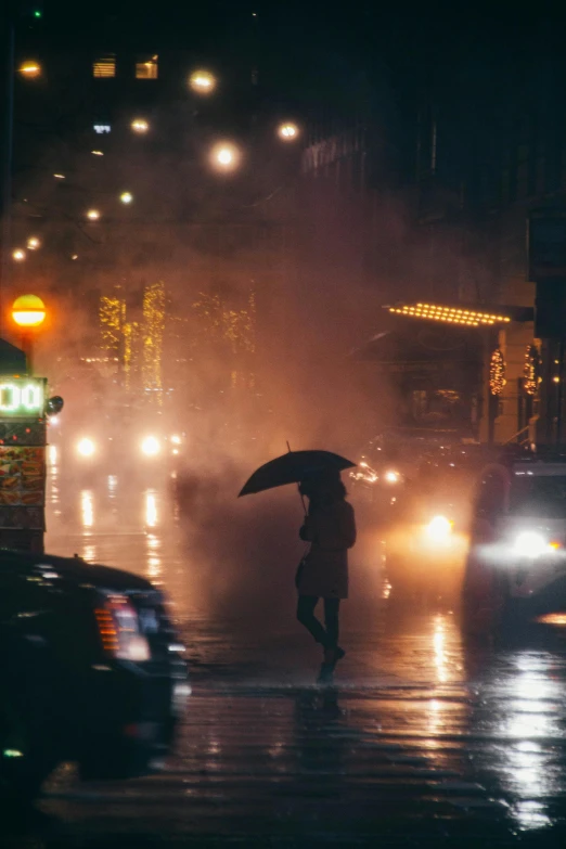 a person walking in the rain with an umbrella, unsplash contest winner, tonalism, city sunset mist neon lights, ignant, glowing street signs, water tornado in the city