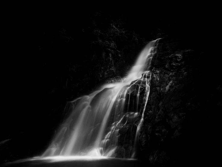 a black and white photo of a waterfall, a black and white photo, by Matthias Weischer, liminal eerie midnight backlit, gold waterfalls, medium format, nightfall