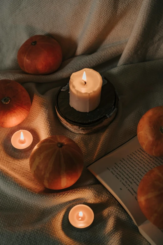 an open book sitting on top of a bed next to apples, a still life, trending on pexels, romanticism, orange candle flames, moon and candle, pumpkins, pastel'