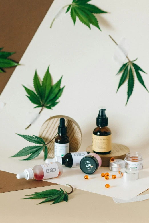 a couple of bottles of cbd sitting on top of a table, a picture, by Julia Pishtar, trending on pexels, renaissance, flatlay, 4 cannabis pots, organic design, japanese collection product