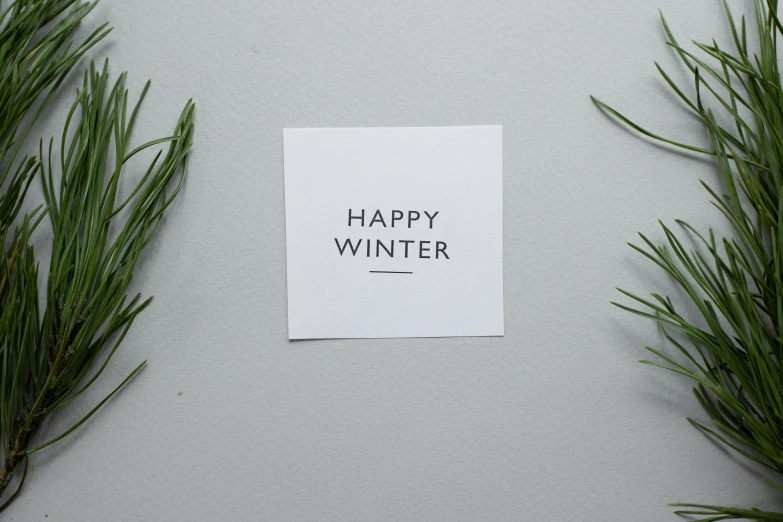 a piece of paper with the words happy winter written on it, featured on instagram, minimalism, full product shot, white finish, back, spring