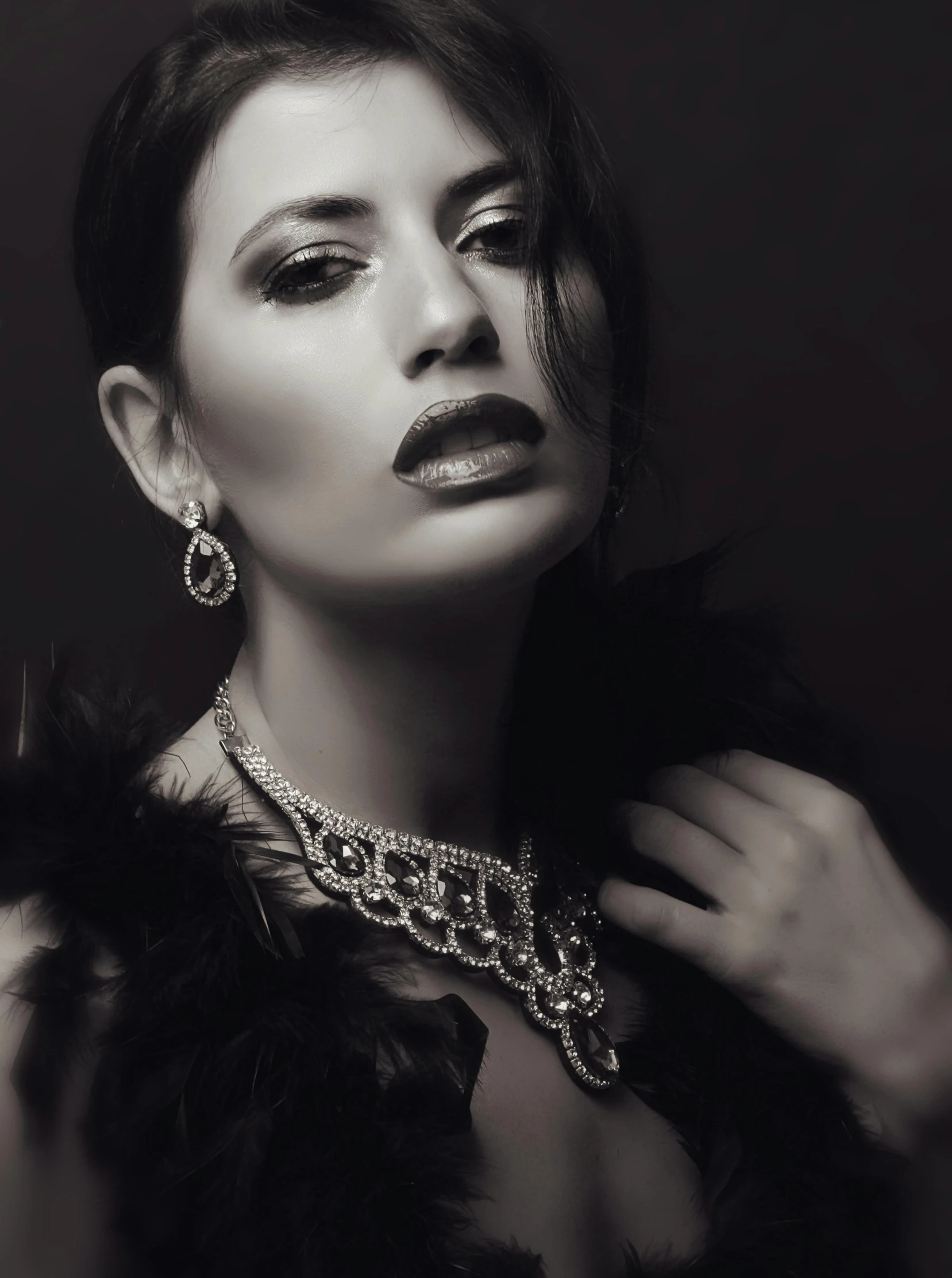 a black and white photo of a woman wearing jewelry, inspired by George Hurrell, pexels contest winner, baroque, ilustration, yennefer, portrait color glamour, shot on sony a 7