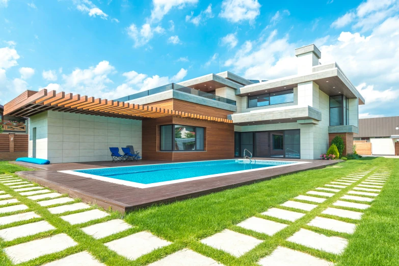 a modern house with a swimming pool in the yard, pexels contest winner, 9 9 designs, square lines, clean 4 k, blue sky