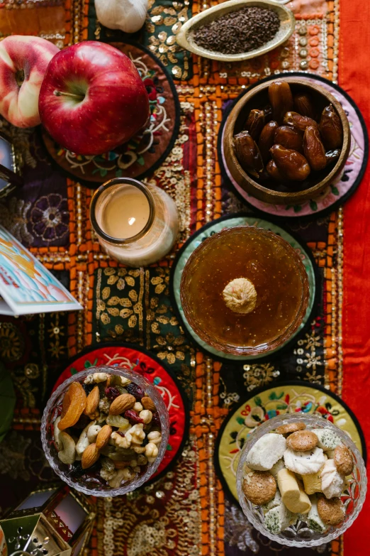 a table topped with plates and bowls of food, dau-al-set, sweets, honey, azamat khairov, february)