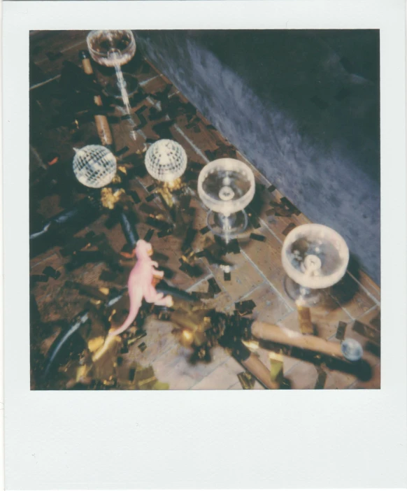 a polaroid picture of a cat laying on a table, unsplash, conceptual art, surreal glass goblets, torches in ground, an axolotl, ignant