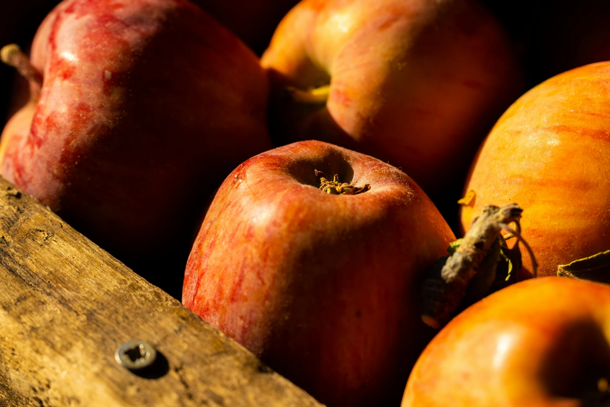 a wooden box filled with lots of red apples, by Niko Henrichon, unsplash, renaissance, background image, close up photo