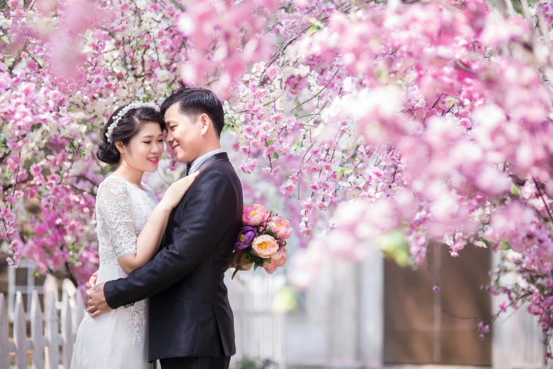 a bride and groom standing in front of a flowering tree, inspired by Cui Bai, pexels contest winner, wearing pink floral chiton, phong yintion j - jiang geping, profile image, hug