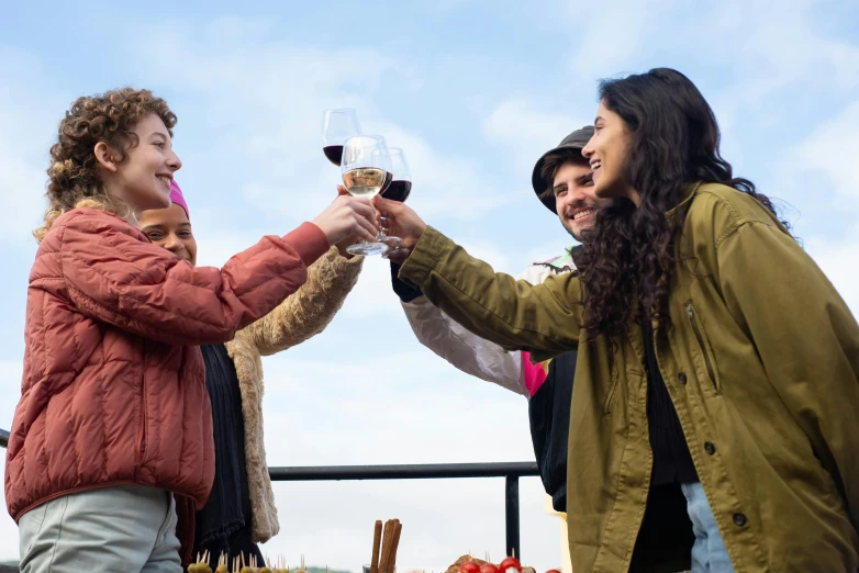 a group of people toasting with wine glasses, seasonal, skye meaker, harvest, coloured