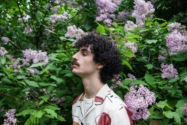 a man standing in front of a bush of purple flowers, an album cover, pexels, finn wolfhard, he got a big french musctache, petra collins and mc. escher, artem chebokha