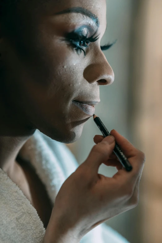 a close up of a woman putting on makeup, dark skinned, lips on cigarette, smooth brushwork, lgbtq