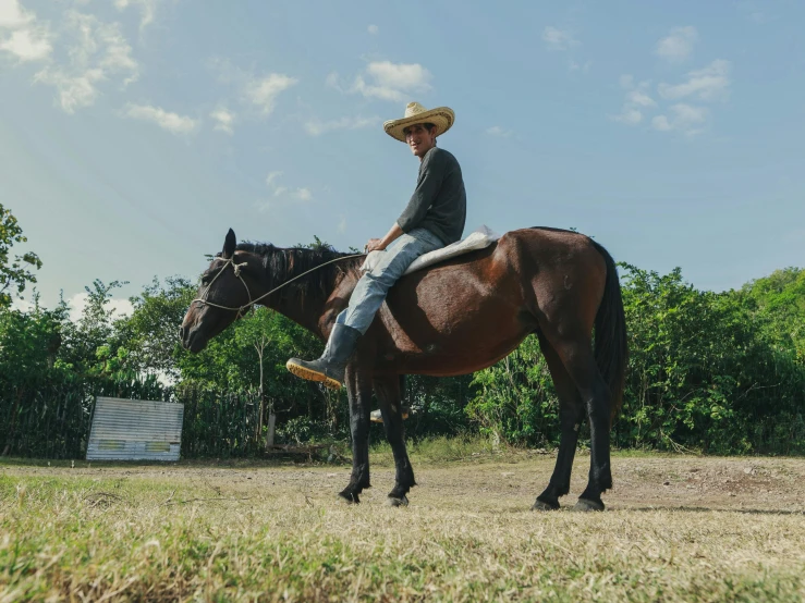 a man riding on the back of a brown horse, by Carey Morris, pexels contest winner, 4 k hd film still, mexican, with subtitles, central farm