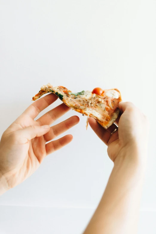 a person holding a piece of pizza in their hand, by Carey Morris, pexels, on white background, profile image, made of food, lunchmeat