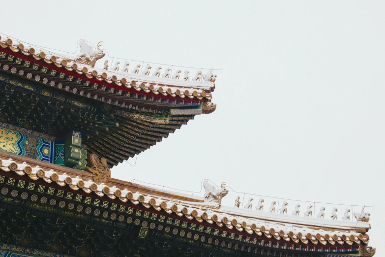 a clock that is on the side of a building, inspired by Zhang Kechun, trending on unsplash, cloisonnism, intricate detailed roof, the forbidden city, white, 🦩🪐🐞👩🏻🦳