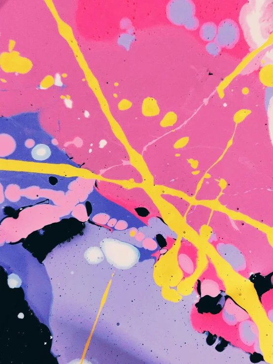 a close up of a painting with paint splatters on it, a pop art painting, trending on unsplash, pink and yellow, ilustration, ultraviolet and neon colors, henry dreyfuss