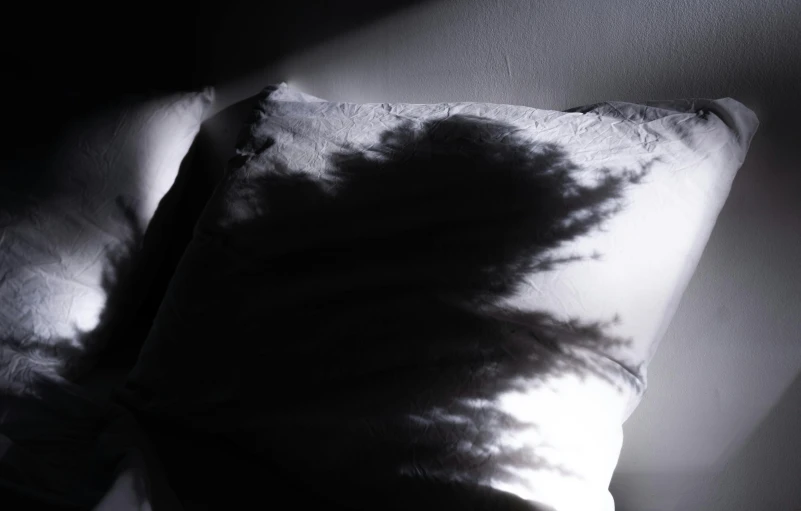 a black and white photo of a pillow on a bed, inspired by Elsa Bleda, trending on pexels, photorealism, large tree casting shadow, sleep paralysis, glowing with silver light, silhouette :7