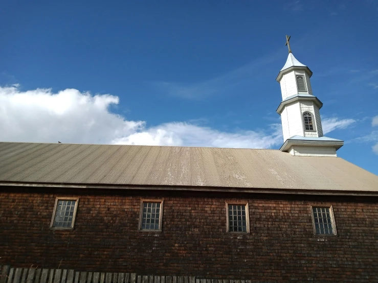 a white steeple on top of a brick building, by Gwen Barnard, hurufiyya, peaked wooden roofs, profile image