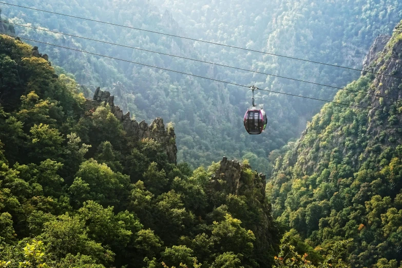 a gondola going through the mountains on a sunny day, pexels contest winner, art nouveau, zhangjiajie, avatar image, trams, 90s photo