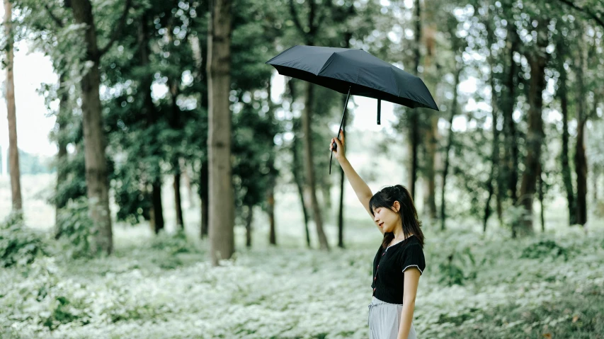 a woman holding an umbrella in a forest, inspired by Saneatsu Mushanokōji, unsplash, minimalism, black, product introduction photo, side profile shot, panoramic view of girl