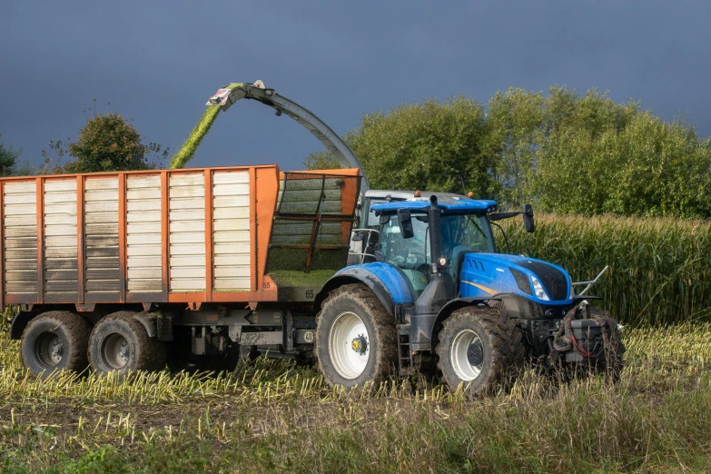 a blue tractor pulling a trailer in a field, by Schelte a Bolswert, avatar image, corn, no - text no - logo, midlands