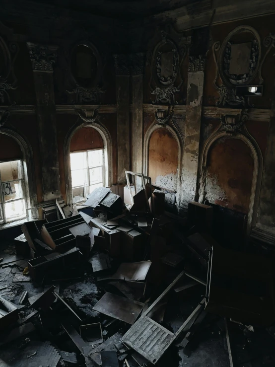 a room filled with lots of furniture and windows, an album cover, unsplash contest winner, baroque, earthquake destruction, promo image, dark library, portrait image