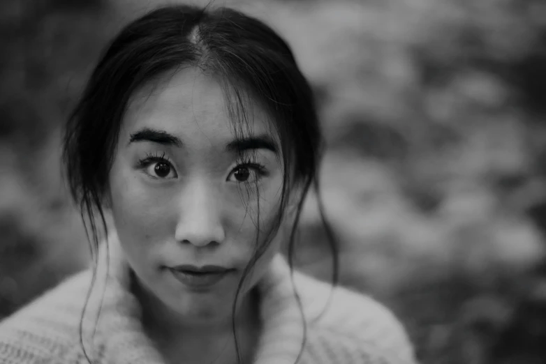 a black and white photo of a woman, inspired by Kim Tschang Yeul, pexels contest winner, young himalayan woman, young cute wan asian face, lofi portrait, medium format. soft light