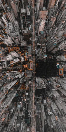 a city filled with lots of tall buildings, an album cover, by Adam Marczyński, pexels contest winner, dark grey and orange colours, asian hyperdetailed, view from slightly above, corrupted data