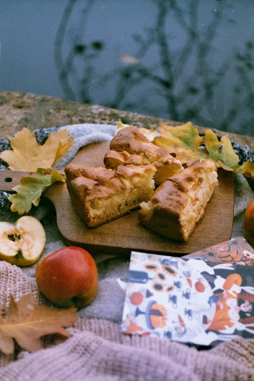 a piece of cake sitting on top of a wooden cutting board, a still life, inspired by Elsa Bleda, unsplash, renaissance autumnal, photo taken on fujifilm superia, apple tree, pastries