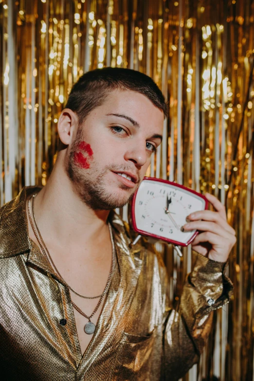 a man holding a clock in front of his face, an album cover, by Julia Pishtar, trending on pexels, renaissance, shaven stubble, gold bra, yung lean, lipstick