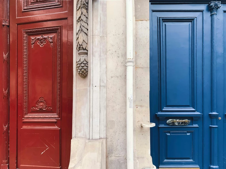 a couple of doors that are next to each other, inspired by Louise Bourgeois, unsplash, paris school, multicolor, three michelin stars, a wooden, features between french