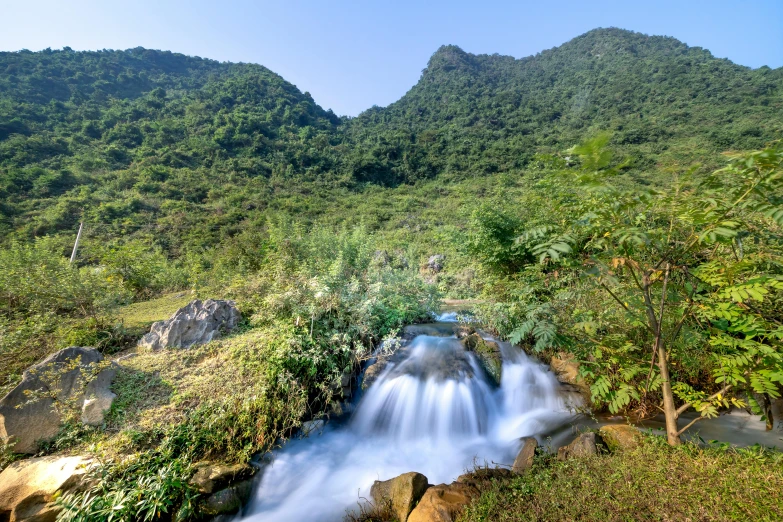 a waterfall in the middle of a lush green forest, hoang lap, dramatic mountains in background, avatar image