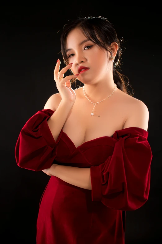 a woman in a red dress smoking a cigarette, inspired by Ruth Jên, jewelry lighting, pokimane, 1 8 yo, portait image