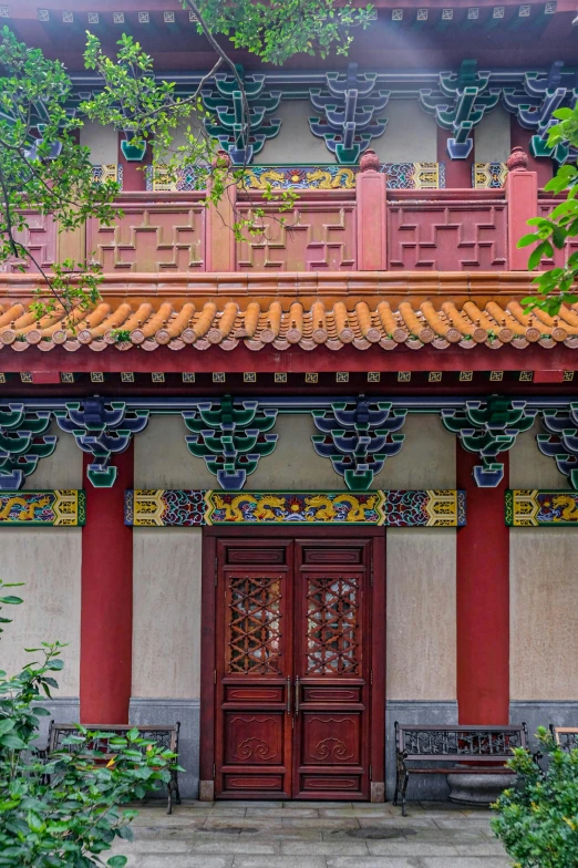 a red and white building with a red door, cloisonnism, chinese temple, archways made of lush greenery, beijing, square