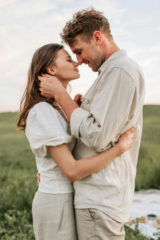 a man and woman standing next to each other in a field, pexels contest winner, renaissance, wearing a linen shirt, making out, attractive, ad image