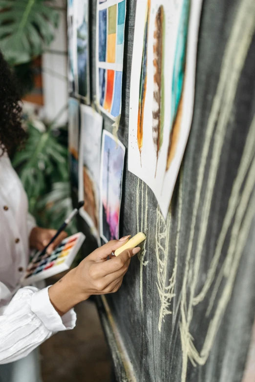 a woman is writing on a chalk board, a charcoal drawing, inspired by artist, trending on pexels, painting on a badge, oil pastels, academic painting, curated collections