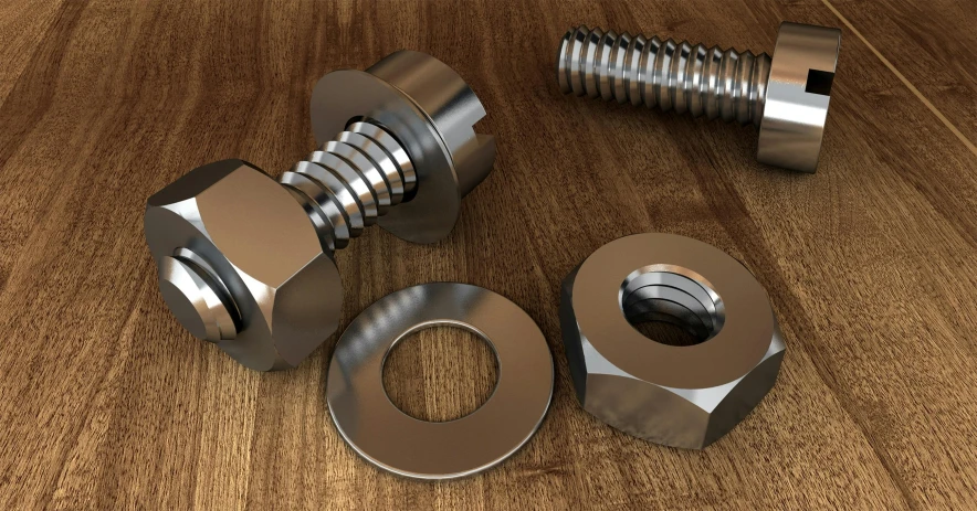 a couple of nuts sitting on top of a wooden table, a 3D render, trending on polycount, screws and bolts, highly polished, 15081959 21121991 01012000 4k, high-quality photo