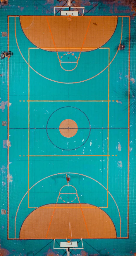 an overhead view of a basketball court, by Paul Bird, dribble, demur, wes anderson style, 15081959 21121991 01012000 4k, portrait shot