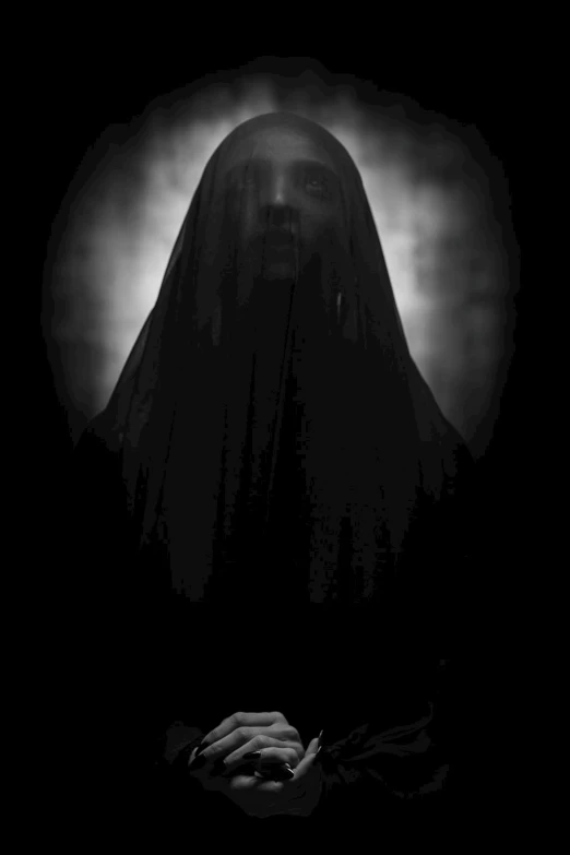 a black and white photo of a woman in a veil, inspired by Nicola Samori, the conjuring, wearing black robes, photorealistic dark concept art, la llorona