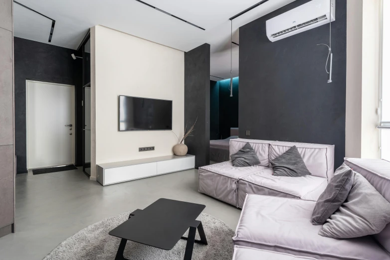 a living room filled with furniture and a flat screen tv, by Adam Marczyński, unsplash contest winner, light and space, charcoal and silver color scheme, small bedroom, white concrete floor, electrical