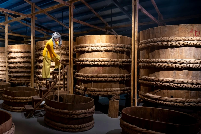 a man standing on a ladder in a room filled with wooden barrels, by Yasushi Sugiyama, process art, mary anning, an ultra realistic 8k octa photo, shipyard, japan harvest