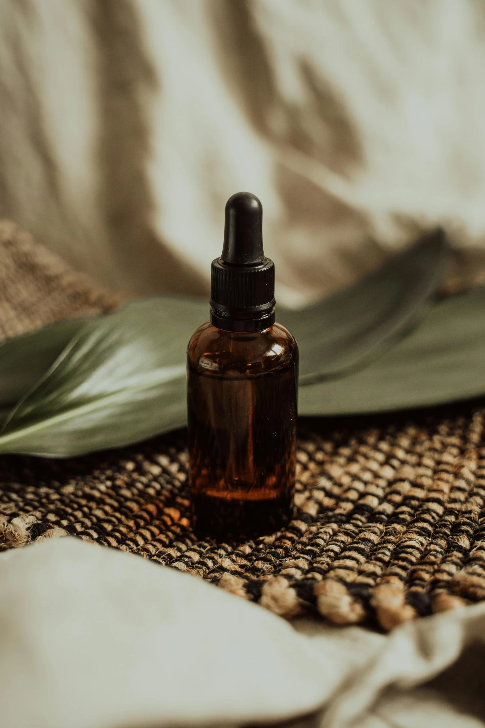 a bottle of essential oil sitting on top of a table, by Andries Stock, trending on pexels, renaissance, lush jungle, brown, wavy, thumbnail