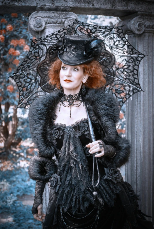 a woman in a black dress holding an umbrella, inspired by Lucas Cranach the Elder, pexels contest winner, gothic art, wearing steampunk top hat, ( redhead, wearing intricate fur armor, amy yasbeck