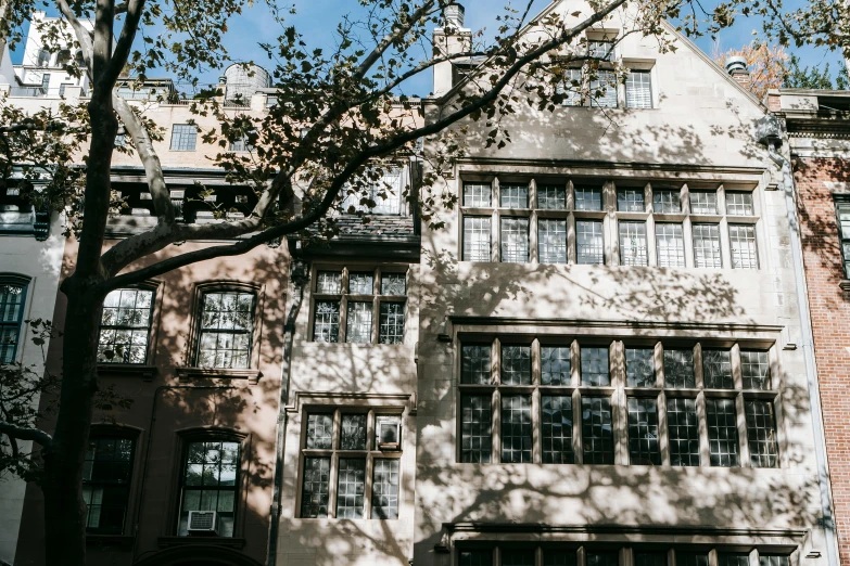 a couple of people that are standing in front of a building, by Nina Hamnett, unsplash, arts and crafts movement, massive trees with warm windows, tenement buildings, abigail larson, cornell