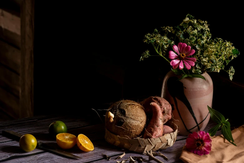 a vase of flowers sitting on top of a wooden table, a still life, unsplash, renaissance, tropical fruit, portrait image