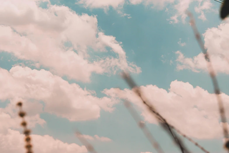 a person is flying a kite in the sky, an album cover, inspired by Elsa Bleda, trending on pexels, aestheticism, fluffy pastel clouds, 33mm photo, cotton candy bushes, on a canva