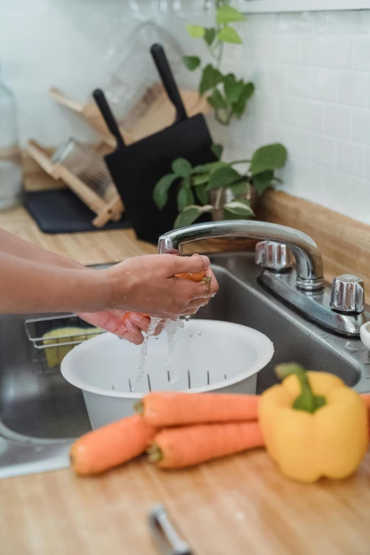 a woman washing vegetables in a kitchen sink, a picture, pexels, detailed product image, straining, short spout, high quality product image”